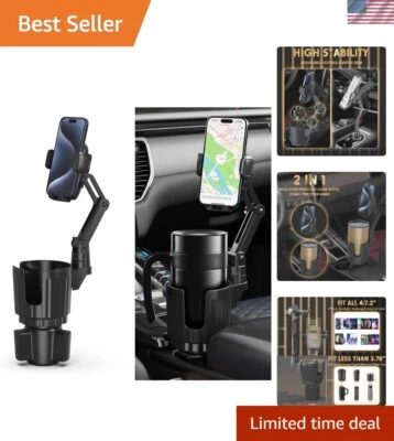 Secure 2 in 1 Car Cup Holder and Phone Mount with Adjustable Base - Black Design - Image 1 of 4
