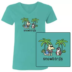 Teddy the Dog T Shirt Snow Birds Ladies V Neck Tee Tropical Winter Ltd Edition - Picture 1 of 5