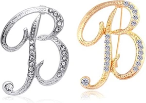 Initial Letter B Brooch Pin Fashion Silver and Gold with Crystals Set of Two - Picture 1 of 6