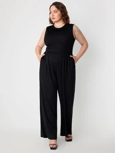 CIDER Sleeveless Black Ribbed Wide Leg Stretch Jumpsuit Sz 0XL 12 14 NWOT - Picture 1 of 14