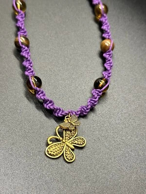 Gold Butterfly Pendant Necklace Amber & Yellow Tiger Eye Purple Hemp Handmade - Image 1 of 2
