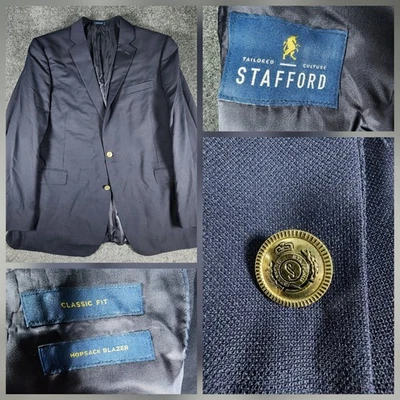 Blazer Traje Chaqueta Abrigo Deportivo Stafford 50L Portly Hopsack Azul Marino Botones Dorados Foto 1 de 4