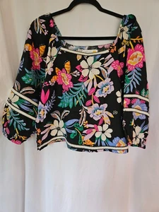 C&C CALIFORNIA Blouse Top Women Large Linen Peasant Floral Boho Vacation - Picture 1 of 9