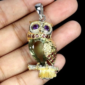 925 Sterling Silver Pendant Pear Amethyst 18.60 Ct Owl Handmade Gemstone Jewelry - Picture 1 of 13