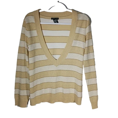 New York & Co Striped V-Neck Sweater Ivory Gold Sparkle Medium EUC - Image 1 of 4