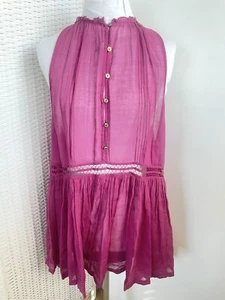 Free People One Sheer Tunic Button Down Fuchsia Indi BOHO High Neck Dress Sz S - Picture 1 of 15