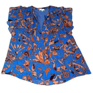 ALC June 100% Silk Blouse Flutter Sleeve Orange Blue V-Neck Size 6 Glam Career - Picture 1 of 7