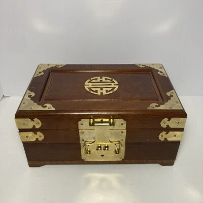 Joyero chino de palo de rosa y latón con cerradura de barra original, grande, vintage Foto 1 de 4