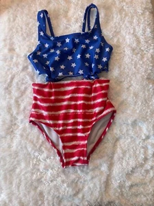 Art Class Girls One Piece Swimsuit Ted White & Blue Size S(6/6x)Open Midriff - Picture 1 of 5