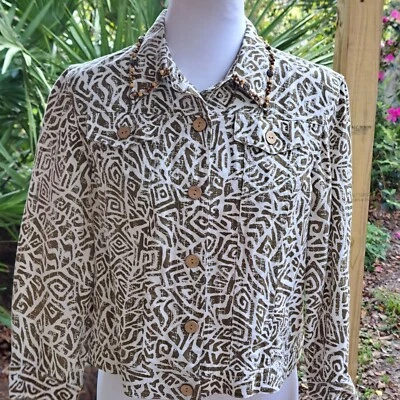 Ruby Rd Jacket Womens 6 Brown Geometric Button Front Linen Blend Beaded Collar - Image 1 of 4