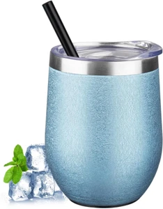 12 Oz Insulated Wine Tumbler with Lid and Straw Double Wall Vacuum Insulated Win - Picture 1 of 12