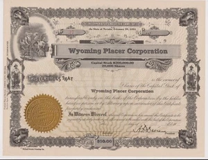 Certificado de acciones de Wyoming Placer Corporation Nevada - Imagen 1 de 1
