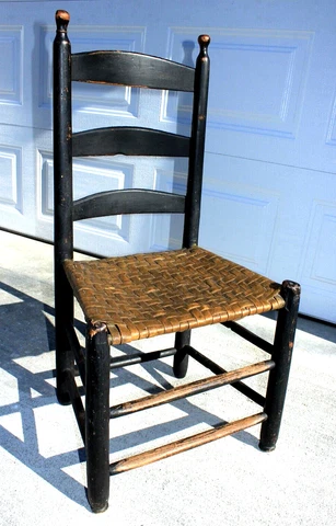 Antique 19th Century SHAKER SIDE CHAIR, Black Ladderback, Splint Seat, Patina, 3 Cover