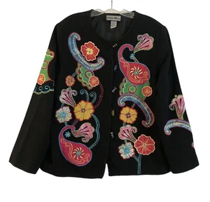 Vintage Indigo Moon Embroidered Jacket Blazer Size L Black Multi Toggle Buttons - Picture 1 of 7