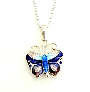 925 Sterling Silber Schmetterling Halskette vorne & hinten mehrfarbig Emaille Details - Bild 1 von 5