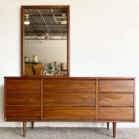 Mid Century Modern Wooden Triple Dresser With Mirror by Dixie Cover