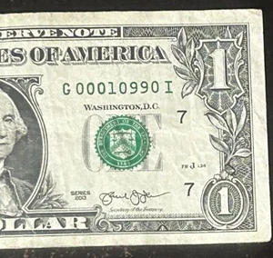 (5 OF A KIND 0s/TRINARY!) $1 Flipper 5 Of A Kind Fancy Serial Number G00010990I - Picture 1 of 4