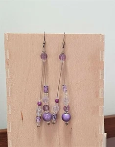Delicate Long Silver Tone Dangle Purple Glass Bead Hook Earrings - Picture 1 of 3