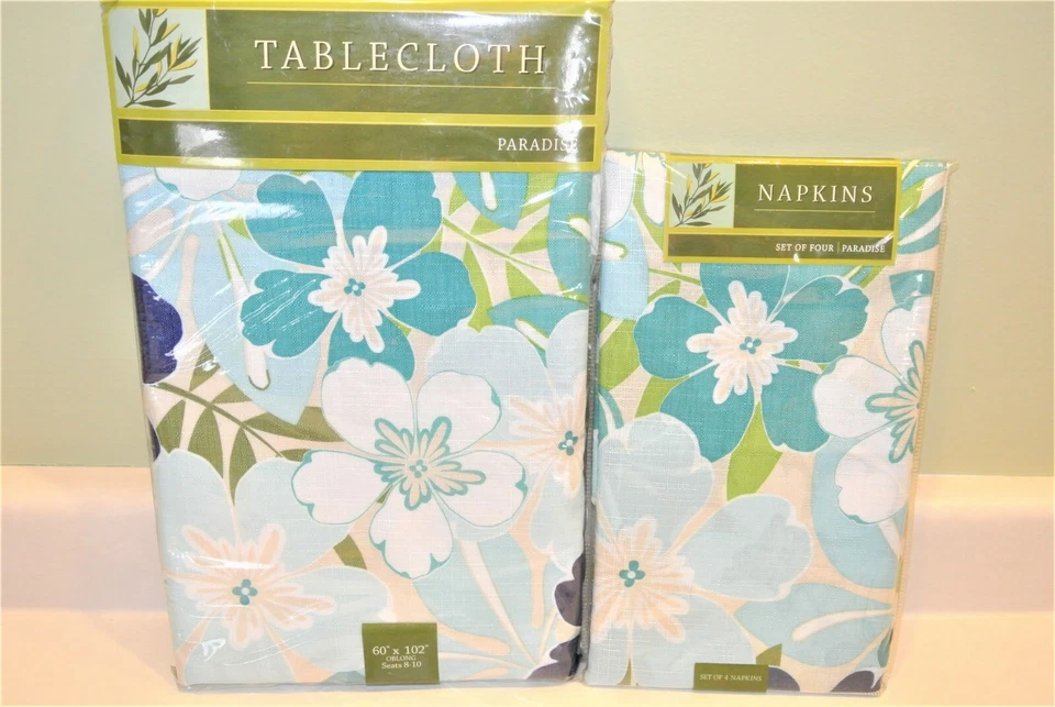 Paradise Tablecloth 60 x102 Blue Floral Flowers Oblong 4 cloth Napkins Vinyl NEW - Image 1 of 1