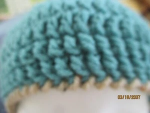 Lady's Crochet Simple Beanie Hat Medium Shade of AQUA & TAN Trim Sm Adult Size - Picture 1 of 5