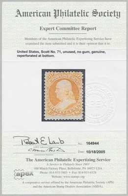 US Sc# 71 *MINT NG LH* { 30c FRANKLIN W/ APS CERT } "SCARCE FROM 1861 CV$ 1,000 - Image 1 of 4