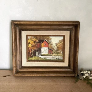 Vintage Landschaftsgemälde Wassermühle mit Holzrahmen - Vintage Landschaftskunst - Bild 1 von 7