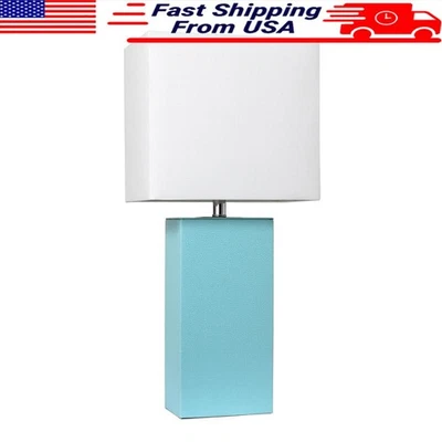 Lámpara de Mesa Base de Cuero Aqua Turquesa Blanco Tela Pantalla Push Pin Enchufe Nuevo Foto 1 de 4