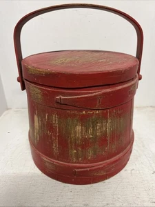 VTG Wooden Firkin Storage Bucket w/Lid & Handle Primitive 8x7.5 Dry Goods Barrel - Picture 1 of 10