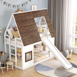 Wood Twin over Twin House Bunk Bed w/Roof, Ladder & Slide for Kids Teens Bedroom - Picture 1 of 20