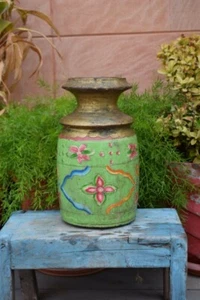 Antique Old Wooden Hand Carved Painted Floral Green Himachal Pot Big Vase - Picture 1 of 8
