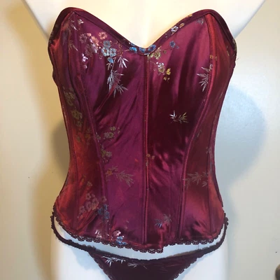 NWT Women's Sz 34 Elegant Moments Corset  Flowers Shiny Burgundy w/ Straps - Image 1 of 4