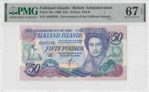 1990 FALKLAND ISLANDS 50 POUNDS QEII £50 "A" **020238** (( PMG 67 EPQ )) - Picture 1 of 2