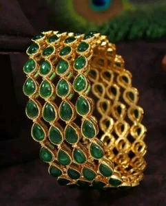 Brazalete Clásico Piedra Verde Diseño Único Atractivo Dorado Novia 4 Piezas Chudiya - Imagen 1 de 6