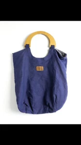 NWT Vintage Blue Basix Canvas Tote Bag With Wood Handle Gingham Checkered Lining - Picture 1 of 13