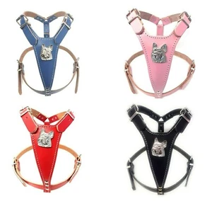 Medium Adjustable Frenchie Leather Dog Harness with French Bulldog Head Motif  - Picture 1 of 6