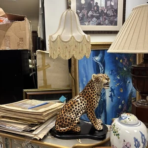 Vintage 1960 Leopard Porcelain Lamp Black Base With Shade - Picture 1 of 14