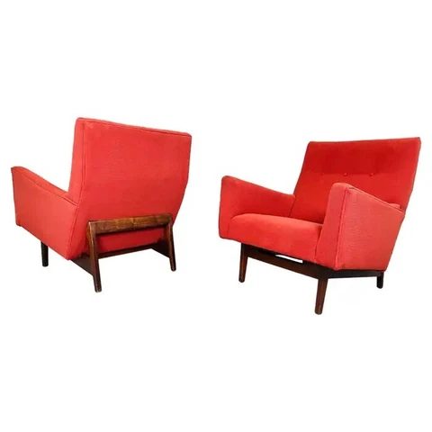 Pair of Jens Risom Easy, Club or Lounge Chairs Having Walnut Frames Cover