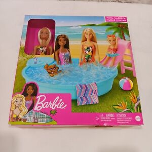 New Barbie Doll and Pool Playset with Pink Waterslide, Two Drinks, Towel - New