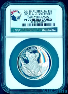 2015 P Australia HIGH RELIEF 1oz Silver Koala $1 Coin NGC PF70 UC ER +COA/BOX - Picture 1 of 4
