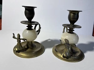 Vintage Kerzenhalter Nahöstlich Messing Alabaster mit tanzender Figur - Bild 1 von 6