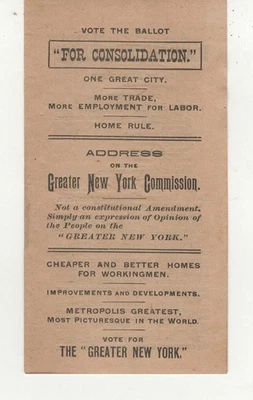 1894 New York City Consolidation Referendum Abstimmung Kampagne Broschüre erstellt NY City - Bild 1 von 2