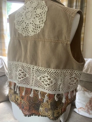 Upcycle Boho Waistcoat 12 Hand Sewn Lace Celtic Swirl Gypsy Hippy Autumn Shades - Image 1 of 4