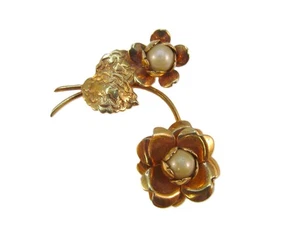 Vintage Brosche goldfarben Blumen mit Kunstperlenakzenten - Bild 1 von 10