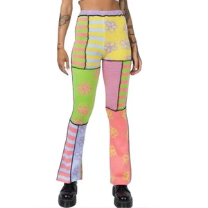 The Ragged Priest Banger Knit Flare Pant Patchwork Mixed Print Size Small - Picture 1 of 6