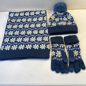 VERA BRADLEY Conjunto de tres piezas para mujer Bufanda tejida y sombrero y guantes azul blanco margarita - Imagen 1 de 9