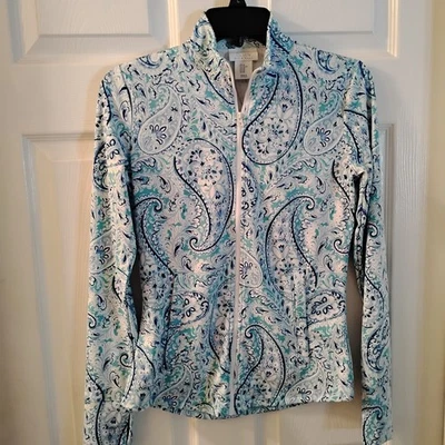 Sigrid Olsen Full Zip Jacket Size XS Blue Paisley Thumb Holes Zip Pockets Fitted - Image 1 of 4