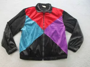 Vintage Track Jacket Women's Large Sweatshirt 80's Full Zip Colorblock Velour - Picture 1 of 8