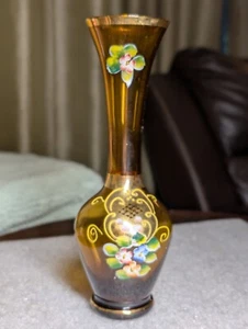 Vintage Nasco Gold and Floral Handpainted Amber 8 Inch Glass Vase Made In Japan - Picture 1 of 18