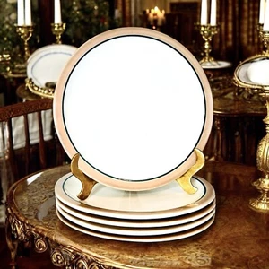 5 VTG Syracuse China SUDAN Morwel Shape Tan Green Restaurant Dinner Plate Set - Bild 1 von 11