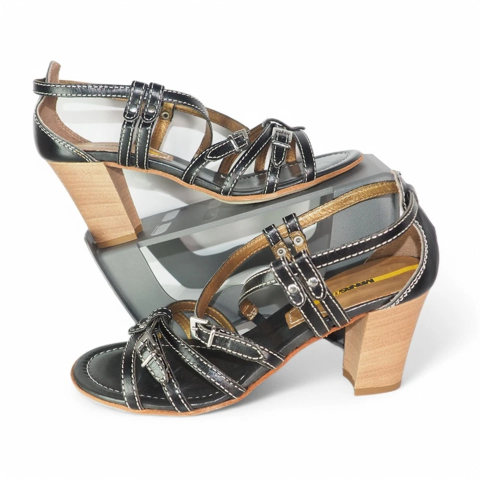 Sandalias Manas Designs con tiras de cuero con tacón negro marrón para mujer 9/40 Foto 1 de 4